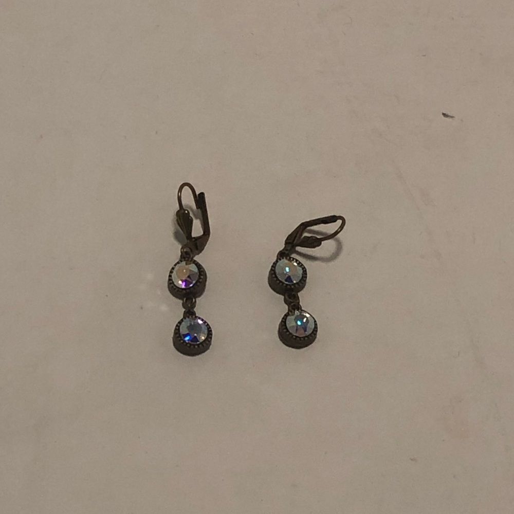 Double Gem Drop Dangle Earrings - Iridescent Crystal